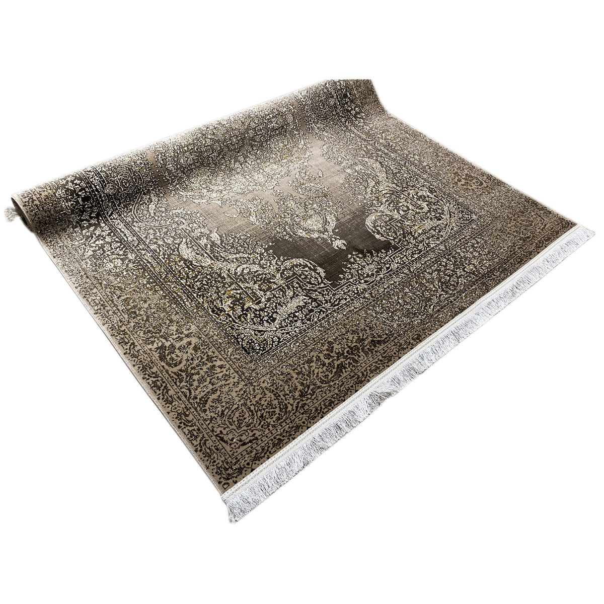 Rectangular dark gray rug with a baroque ornamental pattern and white fringes