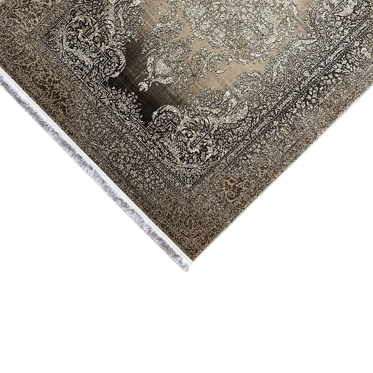 Rug with beige ornaments on a dark background, diagonal, white border
