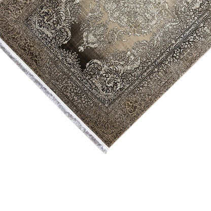 Rug with beige ornaments on a dark background, diagonal, white border