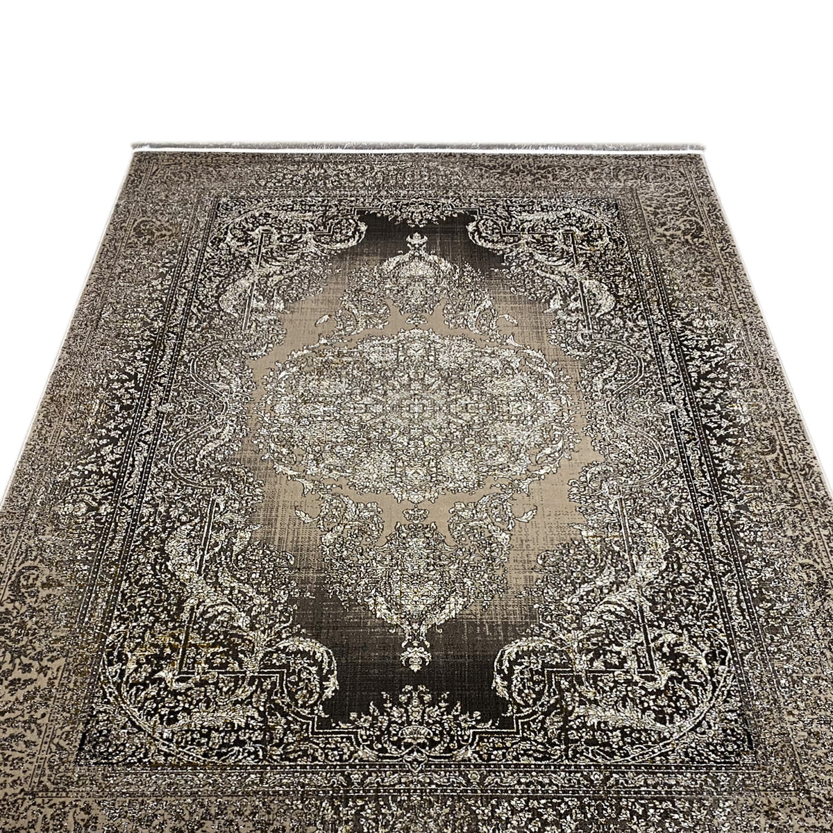 Carpet viewed from the front with a large ornamental medallion, dark background, fringed edge
