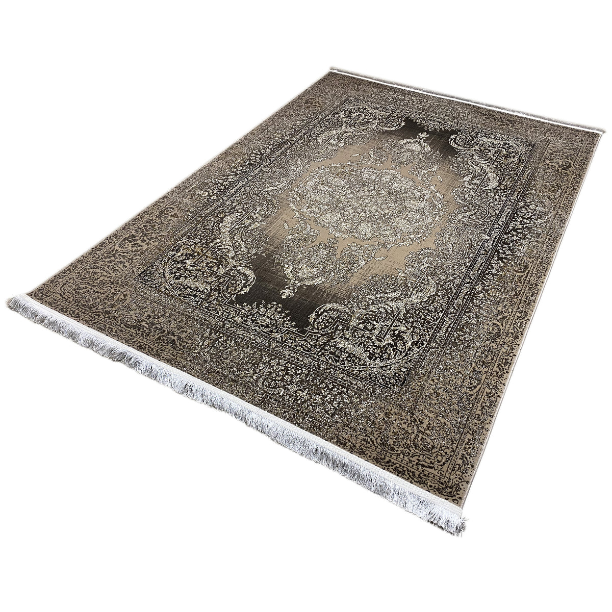Rug laid at an angle, vintage ornamentation, brown-gray/beige, white fringed edge