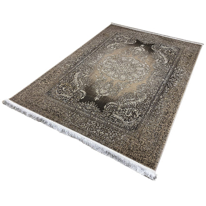 Rug laid at an angle, vintage ornamentation, brown-gray/beige, white fringed edge