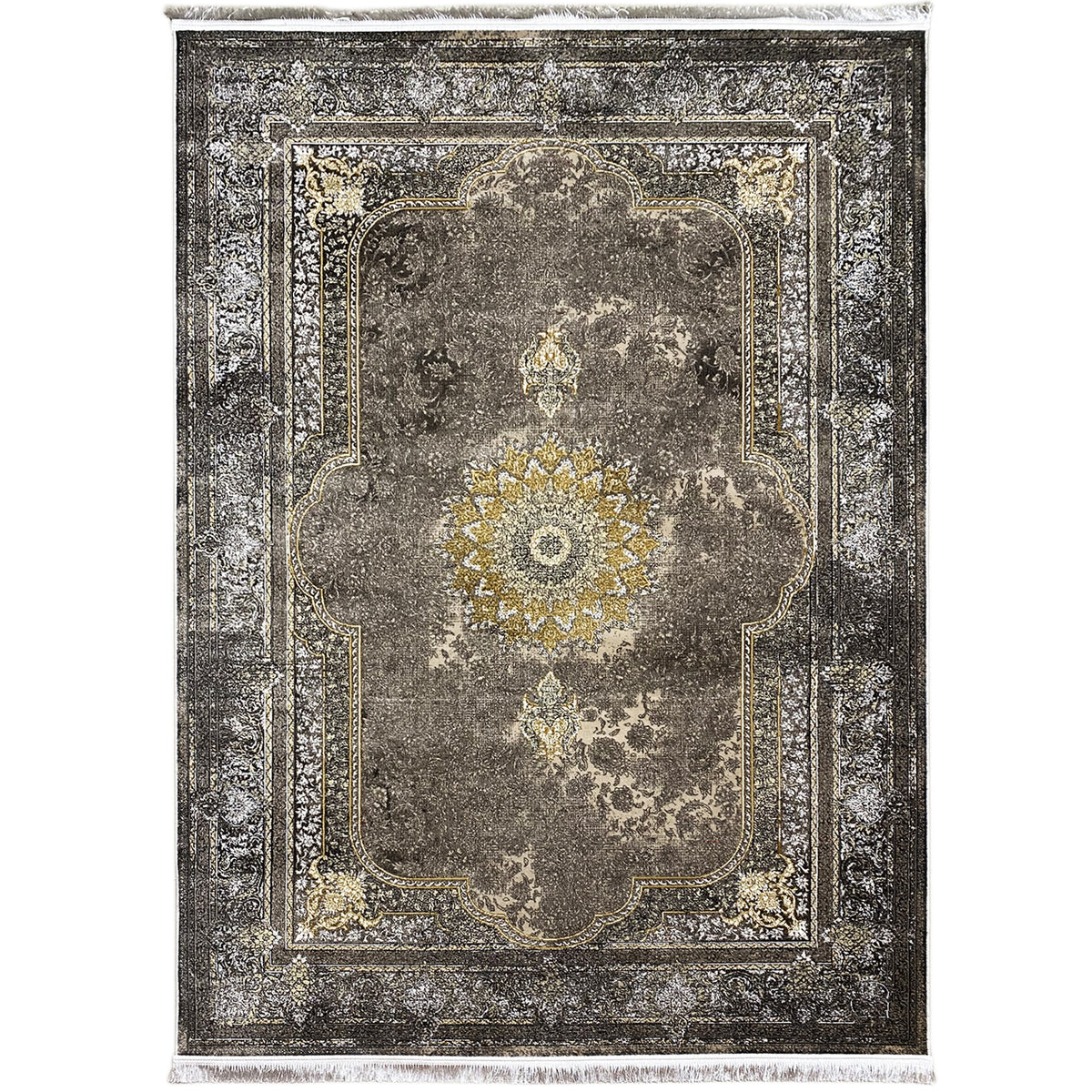 Oriental rug 170x240 cm, dark gray with gold ornaments and medallion, fringe