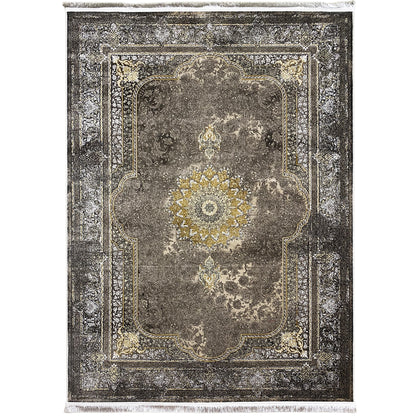 Oriental rug 170x240 cm, dark gray with gold ornaments and medallion, fringe