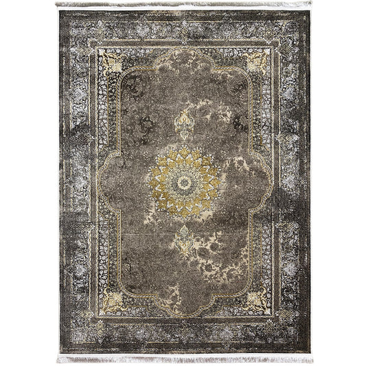 Oriental rug 170x240 cm, dark gray with gold ornaments and medallion, fringe