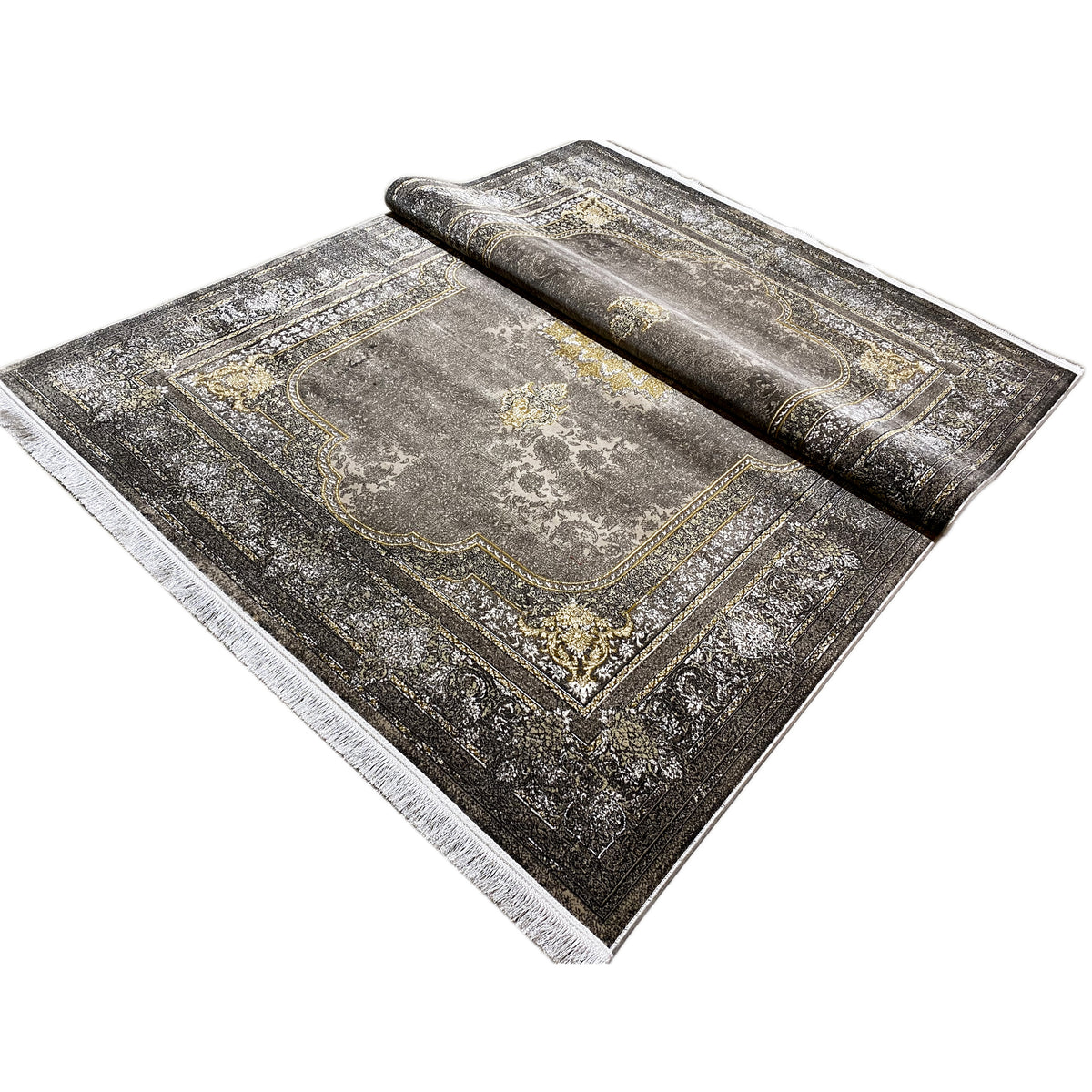 Oriental rug 170x240 cm, dark gray with gold ornaments, rolled-up look