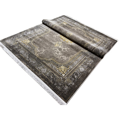 Oriental rug 170x240 cm, dark gray with gold ornaments, rolled-up look