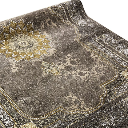 Rug 170x240 cm with a silver-gray texture, golden lines, and large ornaments