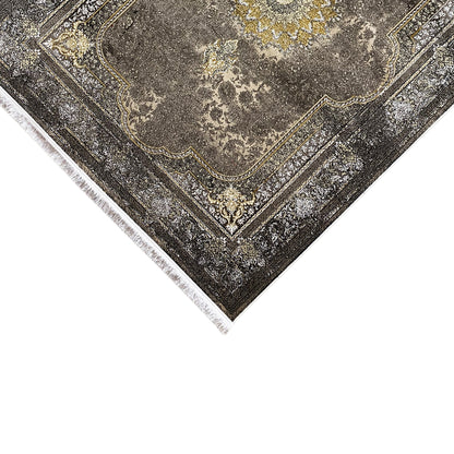 Oriental rug 170x240 cm, dark gray with border pattern, central medallion, fringed edge