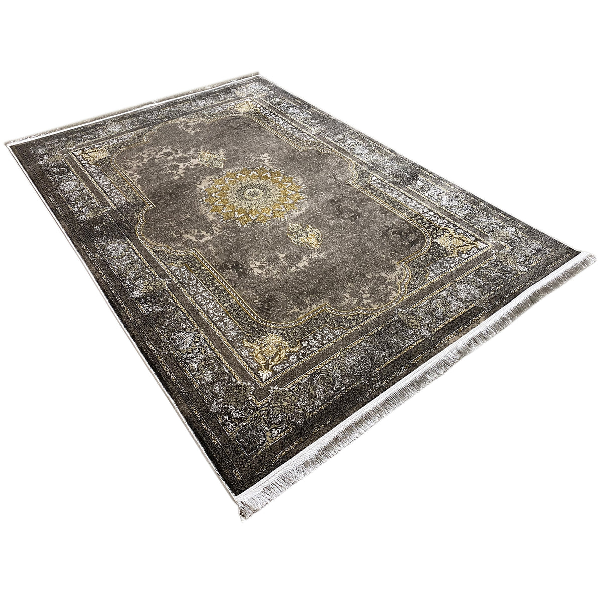 Oriental rug 170x240 cm, dark gray with a vintage gold border and central medallion