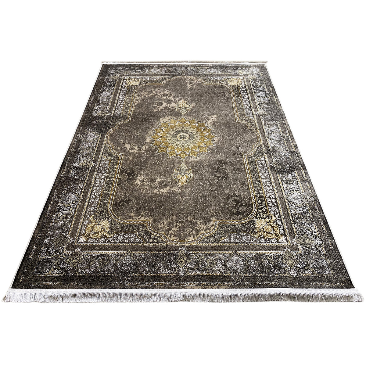 Oriental rug 170x240 cm, dark gray with golden border ornaments and a central medallion
