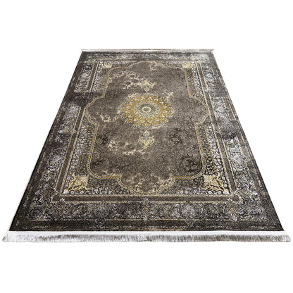 Oriental rug 170x240 cm, dark gray with golden border ornaments and a central medallion