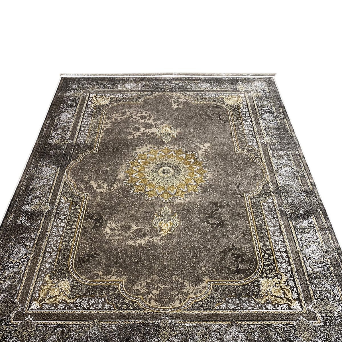 Oriental rug 170x240 cm, dark gray with a central medallion and gold decorative border