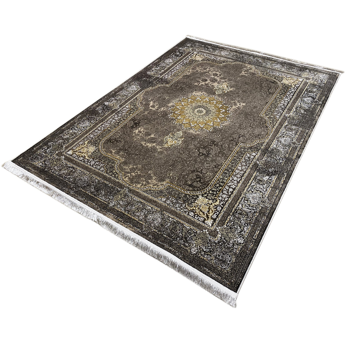 Oriental rug 170x240 cm, dark gray with medallion and gold ornamental border, fringes