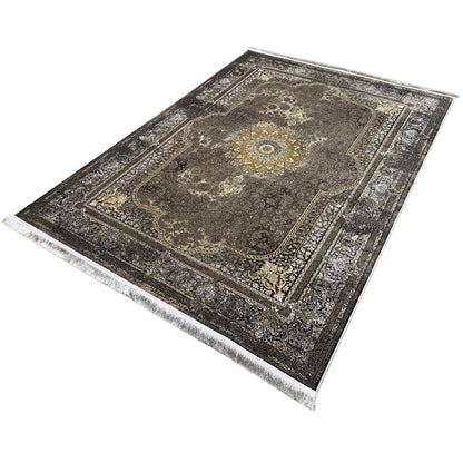 Oriental rug 170x240 cm, dark gray with medallion and gold ornamental border, fringes