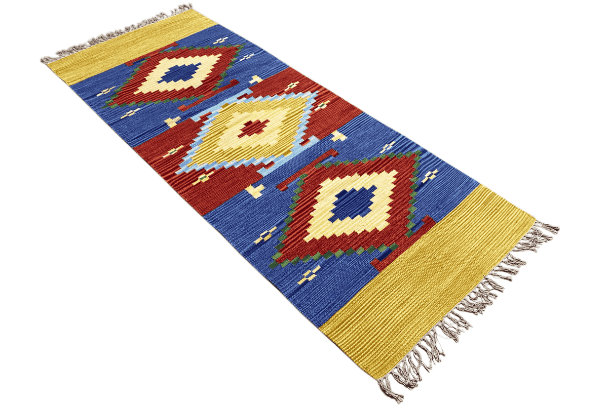 Kilim-dhurrie rug, diagonal geometric diamonds in blue, red and yellow, fringes