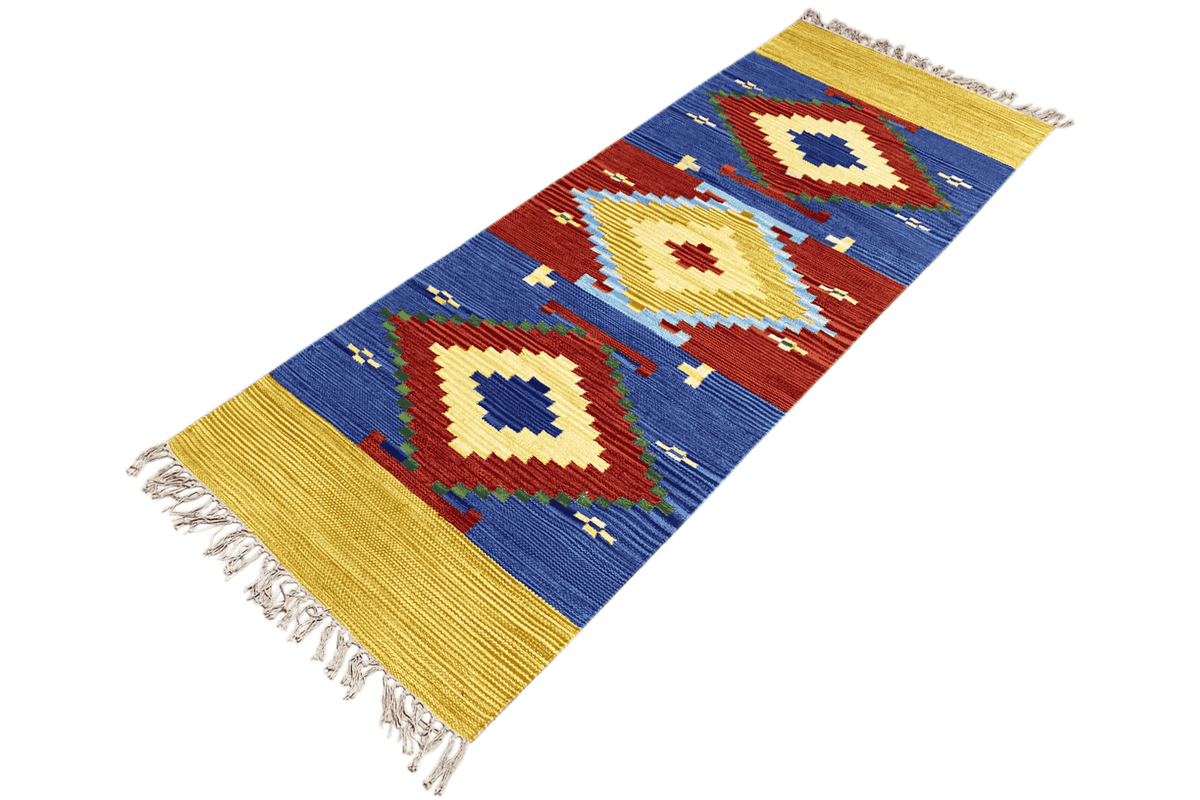 Angled kilim dhurrie rug, diamond and cross motifs, blue, red, yellow, fringe