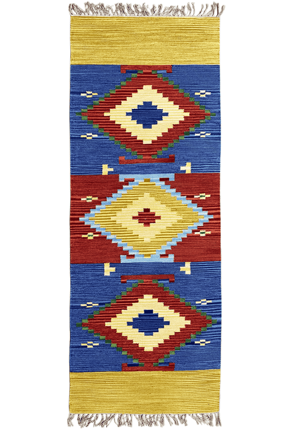 Woven kilim dhurrie rug with geometric diamonds, blue, red, yellow, fringes