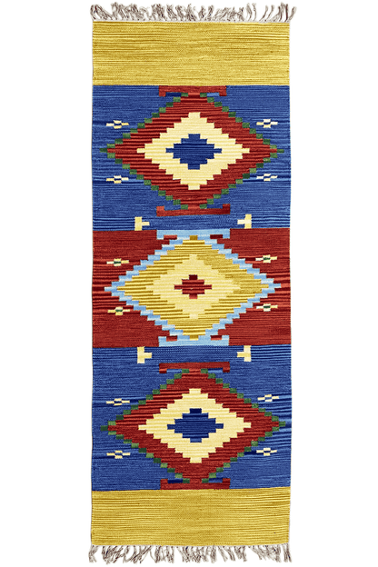 Woven kilim dhurrie rug with geometric diamonds, blue, red, yellow, fringes