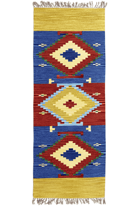 Woven kilim dhurrie rug with geometric diamonds, blue, red, yellow, fringes