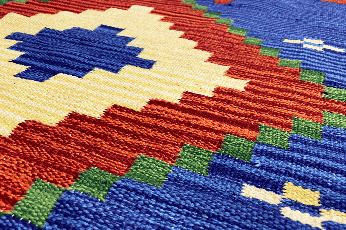 Woven wool kilim runner with a colorful pattern of blocks and dots, detailed texture