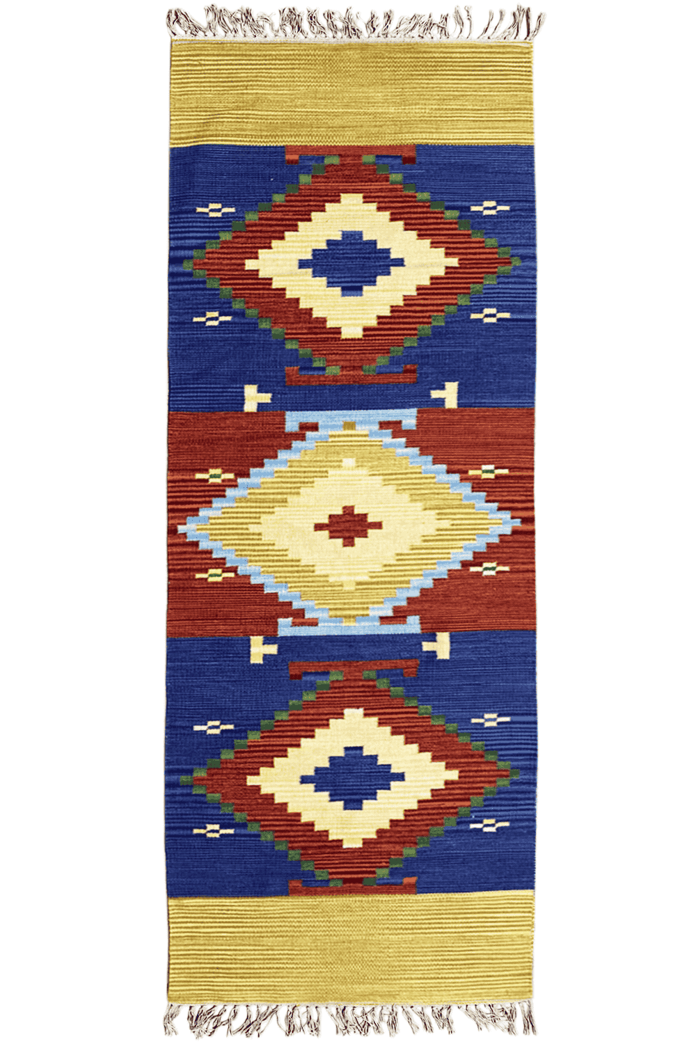 Wool kilim runner with geometric diamonds in blue, red, cream, and a yellow border, with fringes
