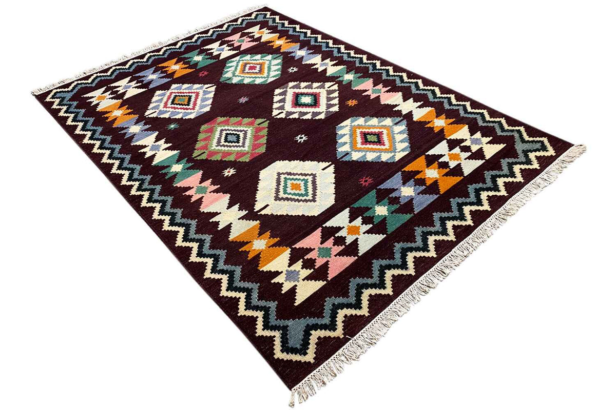 Kilim rug with geometric diamond and zigzag pattern, dark red and multicolored, visible fringes