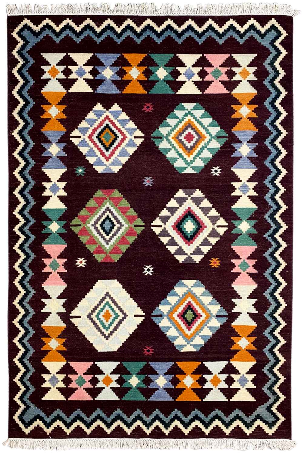 Kilim rug with a geometric pattern and colorful diamonds, dark red/cream, with fringes