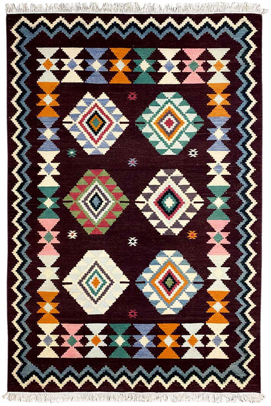 Kilim rug with a geometric pattern and colorful diamonds, dark red/cream, with fringes