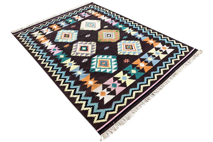 Kelim rug in a diagonal pattern: geometric squares with color accents on a dark background