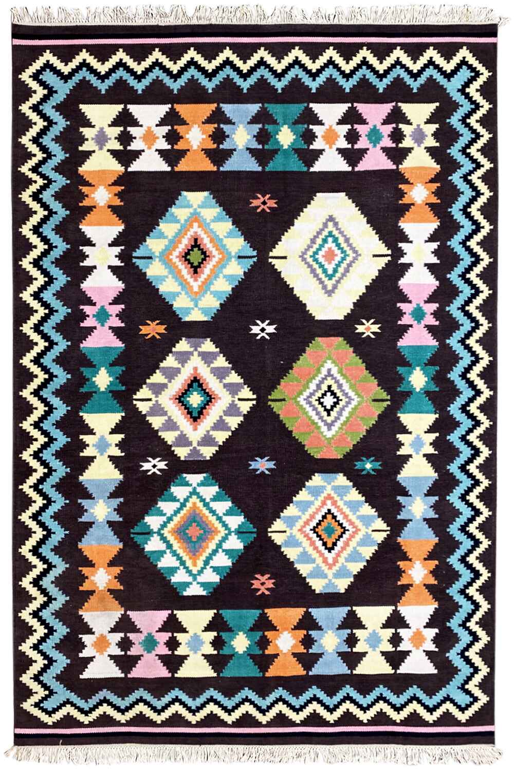 Large Indian kilim rug with a geometric pattern in black, turquoise, and colorful accents