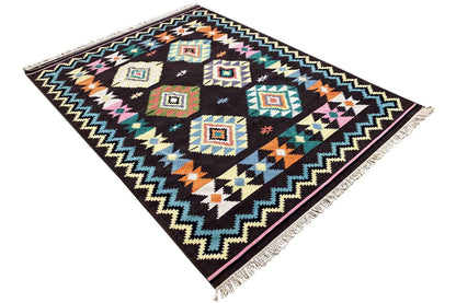 Kilim rug with square diamonds in a tribal style on a dark purple-black background