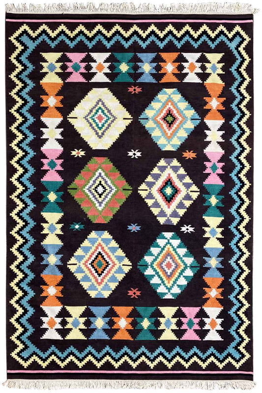 Wool kilim rug with a tribal pattern, black background, colorful diamonds, and fringes