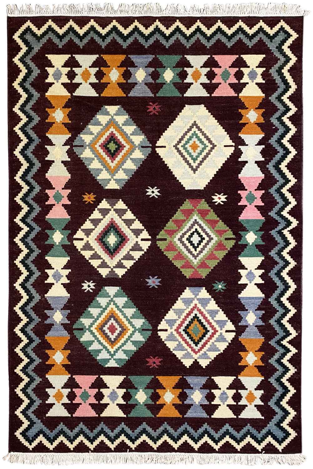 Wool kilim rug with a geometric pattern in dark red, green, orange, and cream