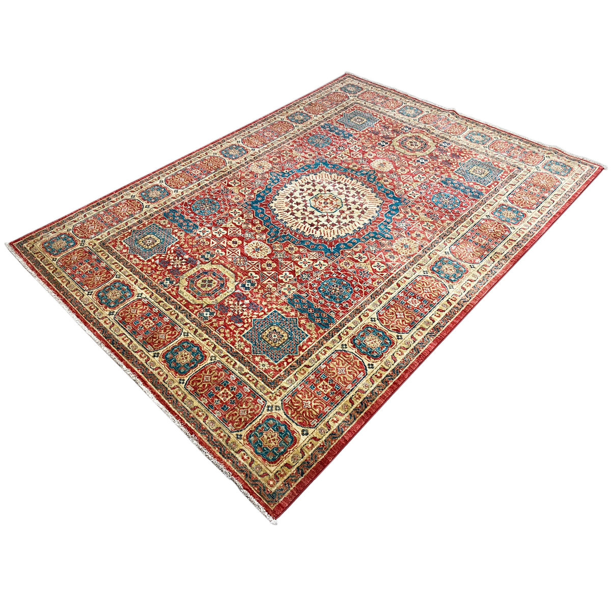 Mamluk rug, red ground design with a blue field and a light medallion, rectangular