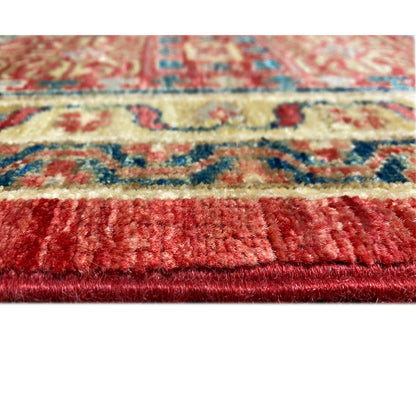 Mamluk carpet: pile and fringe along the edge, red with turquoise-blue ornamental stripes