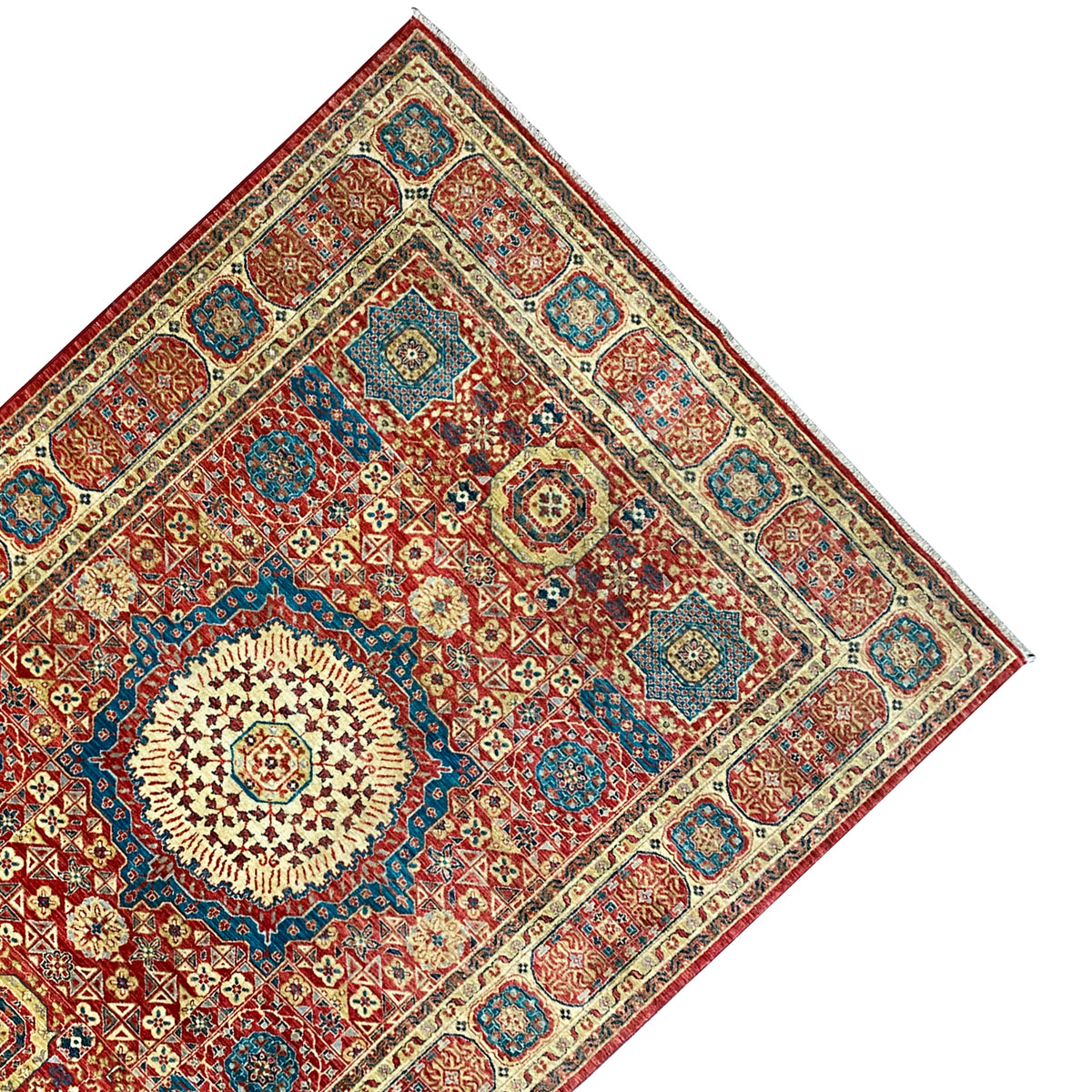 Mamluk carpet corner with a red border, blue corner motif, and central medallion