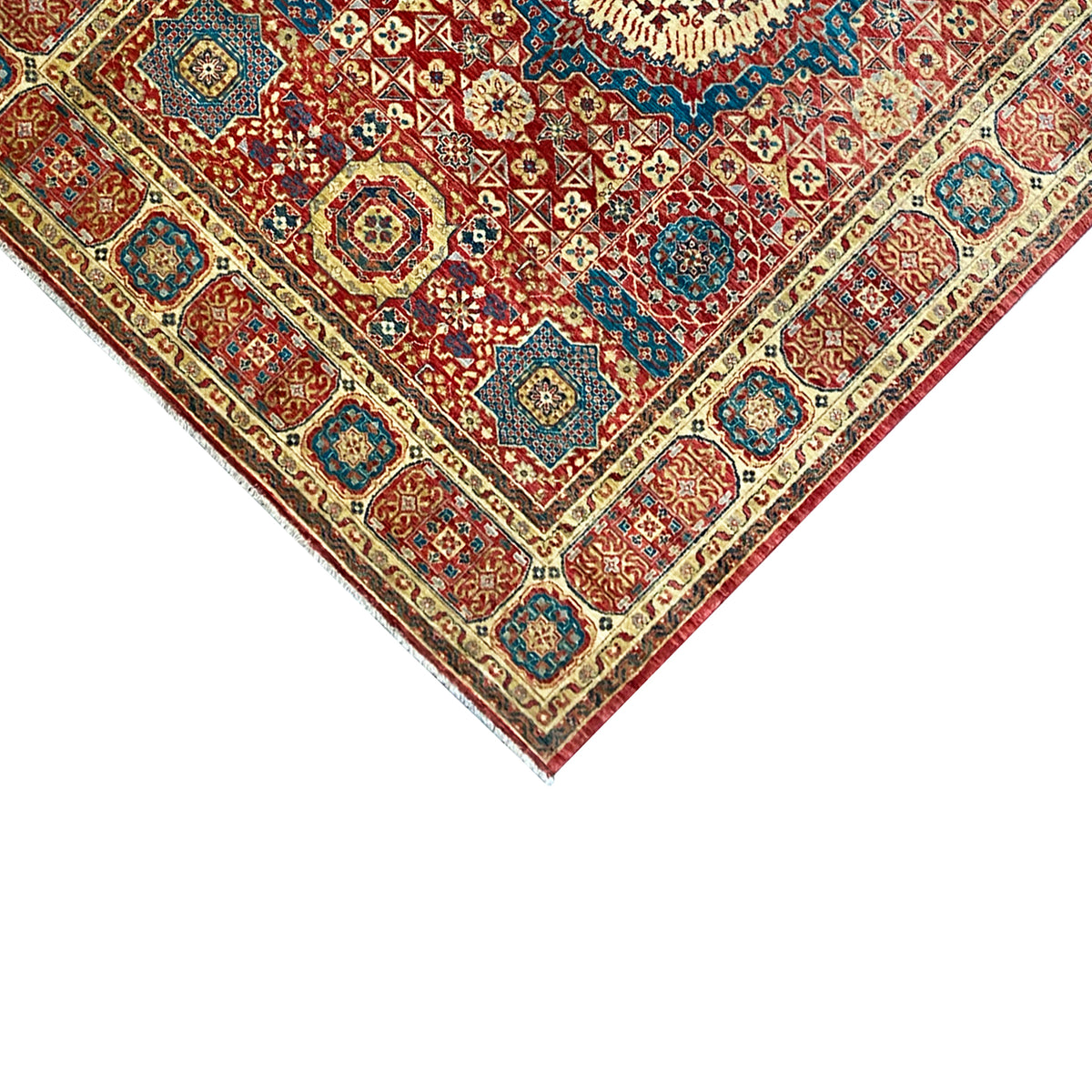 Mamluk carpet corner with a border in red, cream, and blue, clean finish