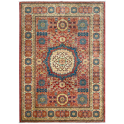Mamluk rug with a red ornamental pattern, central medallion and blue-cream border
