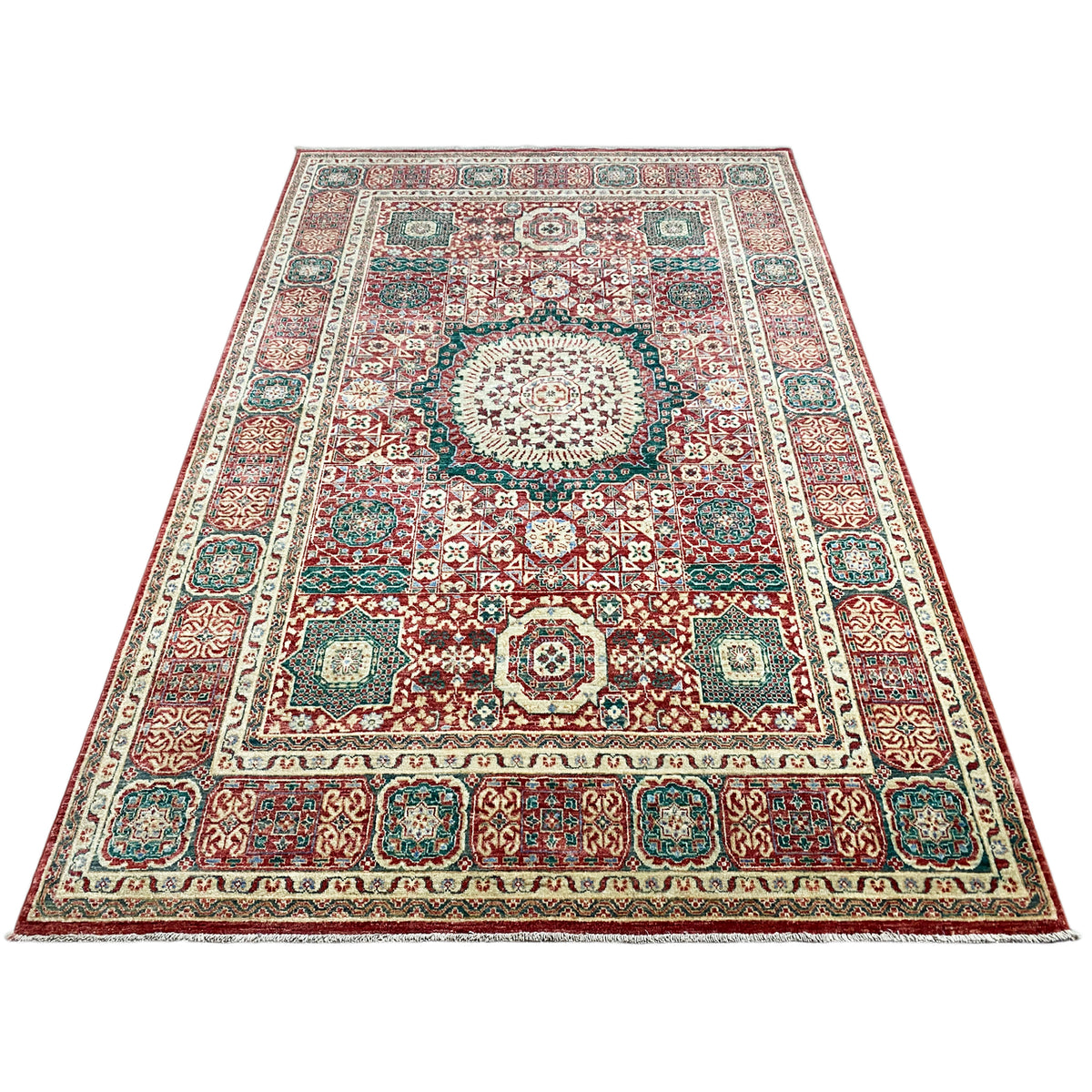 Red Mamluk rug with border and blue-green decorative element, 246x161 cm