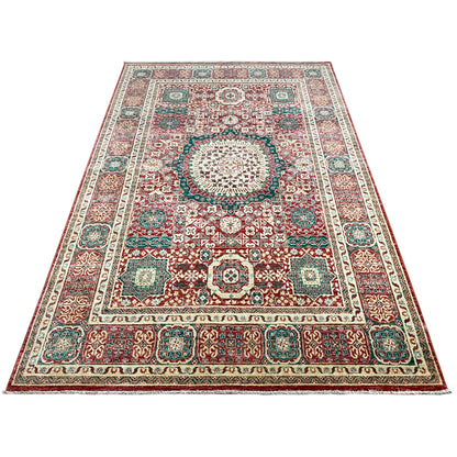 Red Mamluk rug with border and blue-green decorative element, 246x161 cm