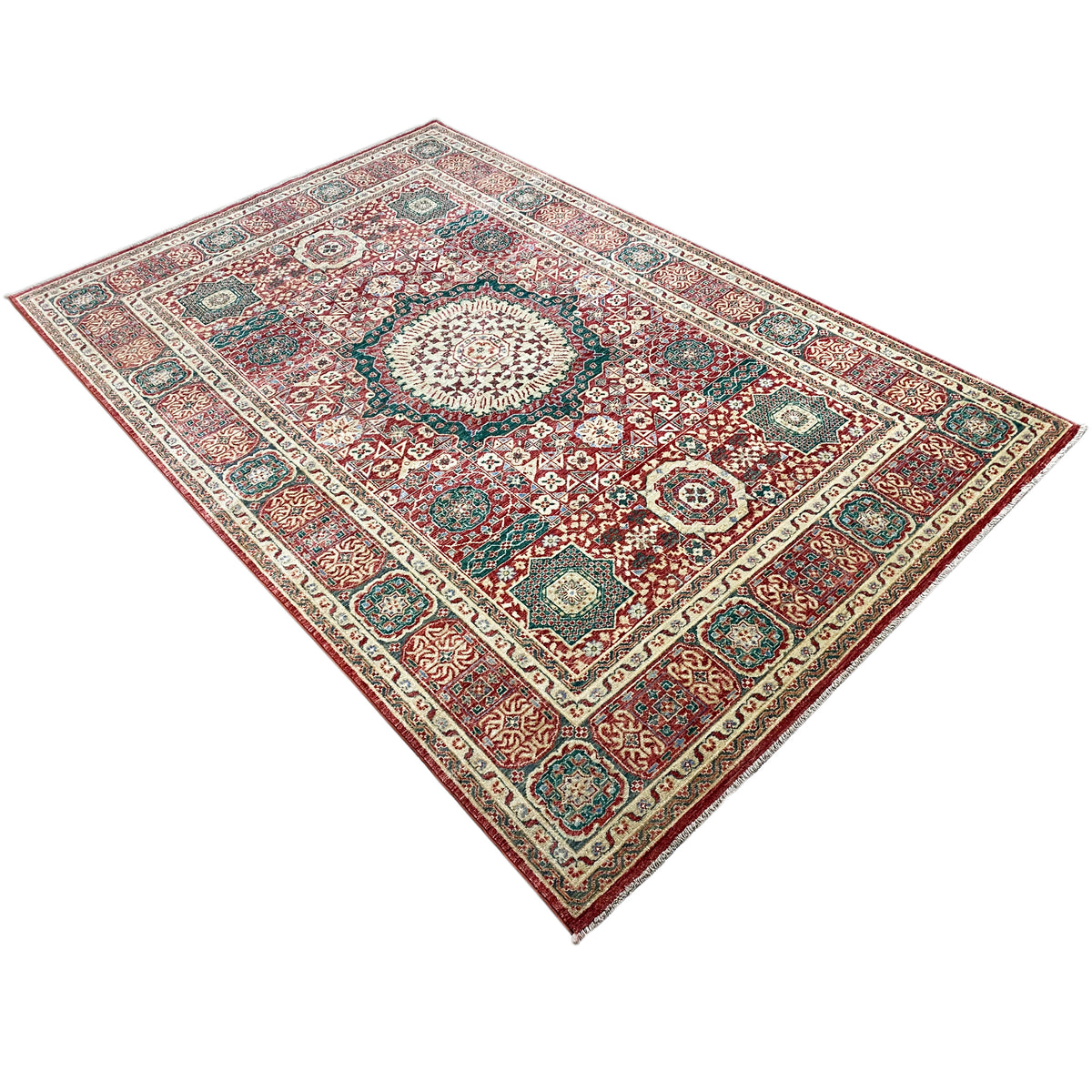 Red Mamluk rug in diagonal view, central medallion, intricate patterns