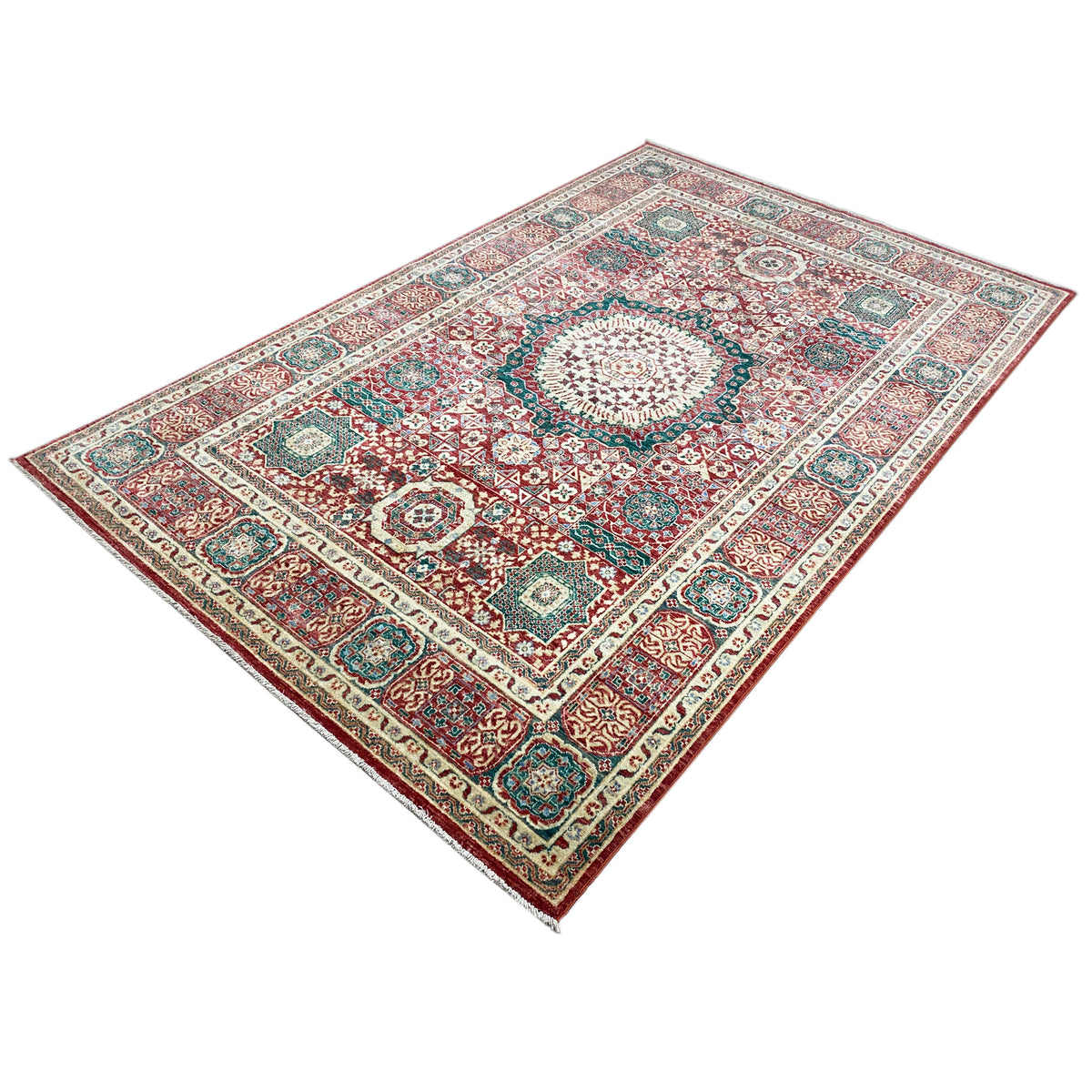 Red Mamluk carpet with a geometric ornamental border and central rosette