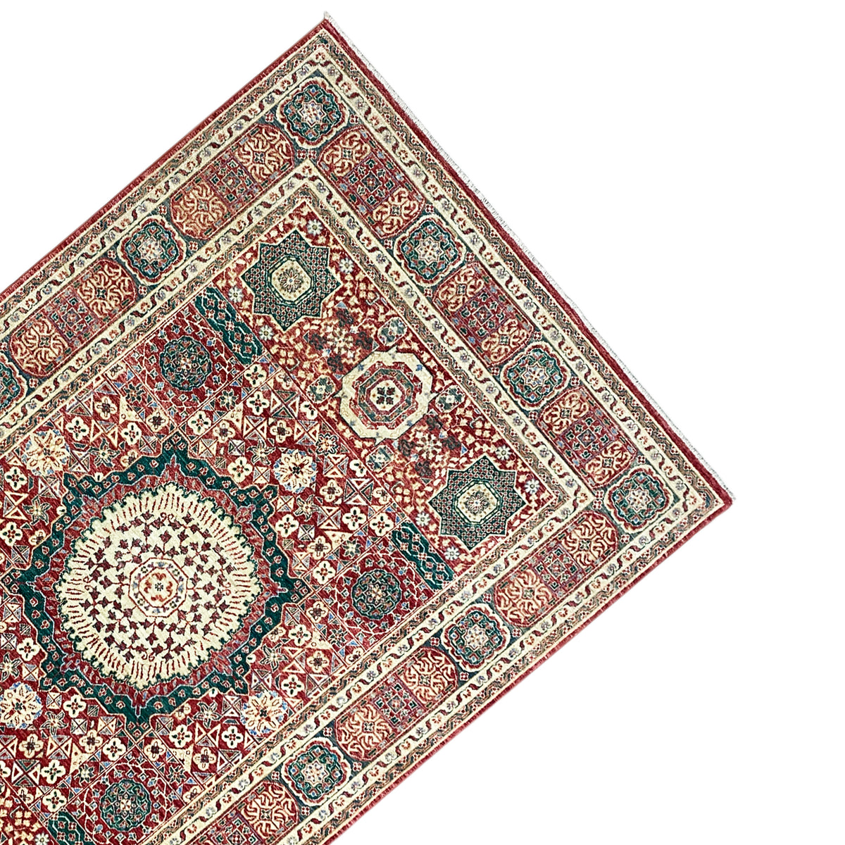 Close-up of a red Mamluk rug: corner motif and medallion, with a surrounding border