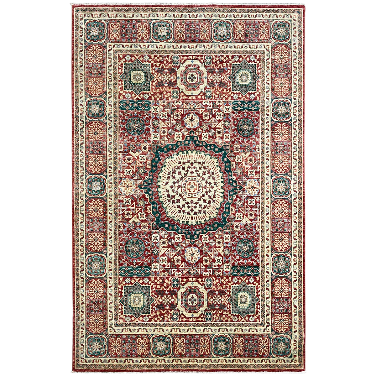 Red Mamluk rug with an ornamental central medallion, rectangular, 246x161 cm