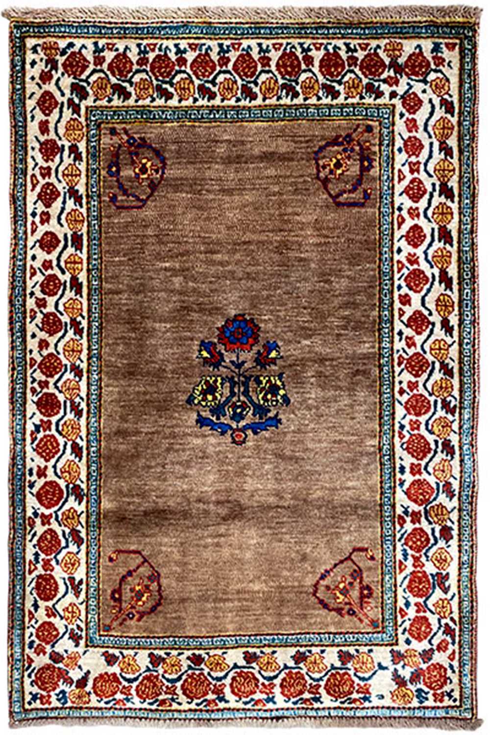 Brown Oriental rug with blue-red medallion and decorative ornamental border