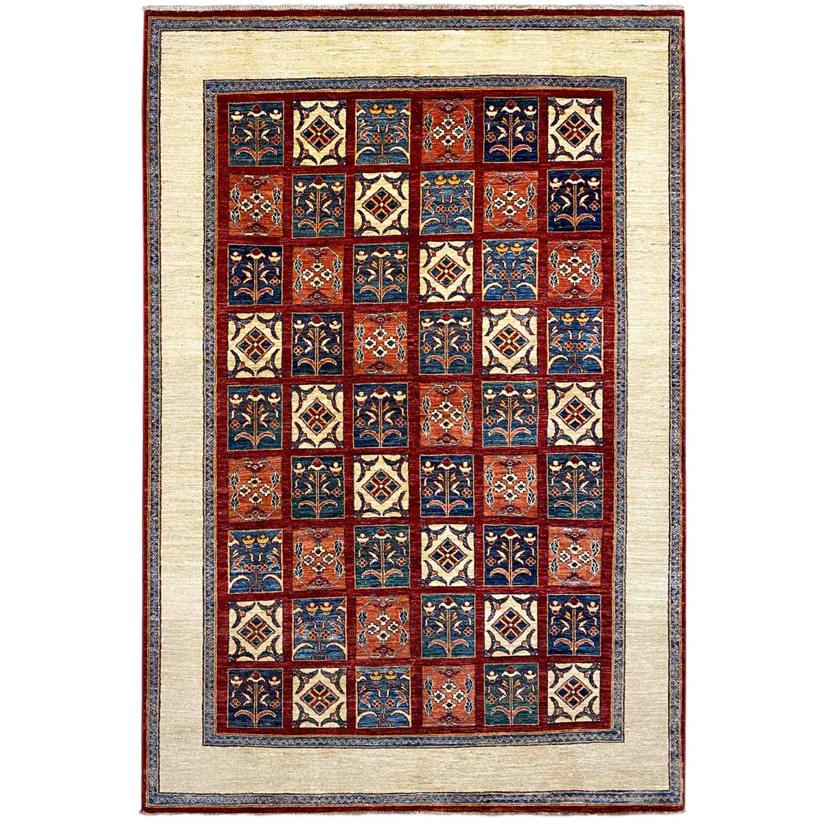 Khorjin rug with geometric floral pattern, rectangular, cream-colored with red/blue tiles