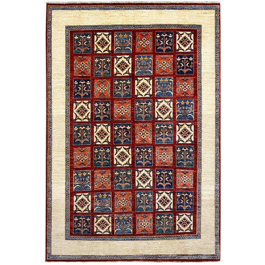 Khorjin rug with geometric floral pattern, rectangular, cream-colored with red/blue tiles