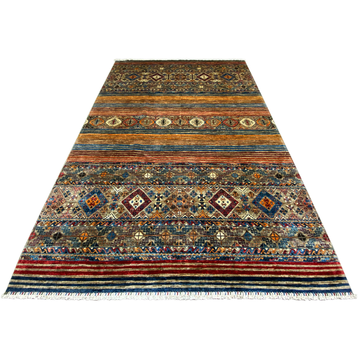Colorful rectangular rug with a wide border pattern and fine stripes, with fringes.