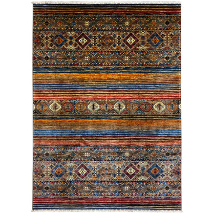 Colorful rectangular rug with a multicolored pattern, striped border, and fringes.